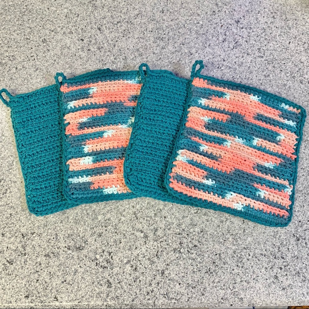 Eccentric Hearts Handmade Crochet Cotton Double Layer Pot Holders Teal Set of 4